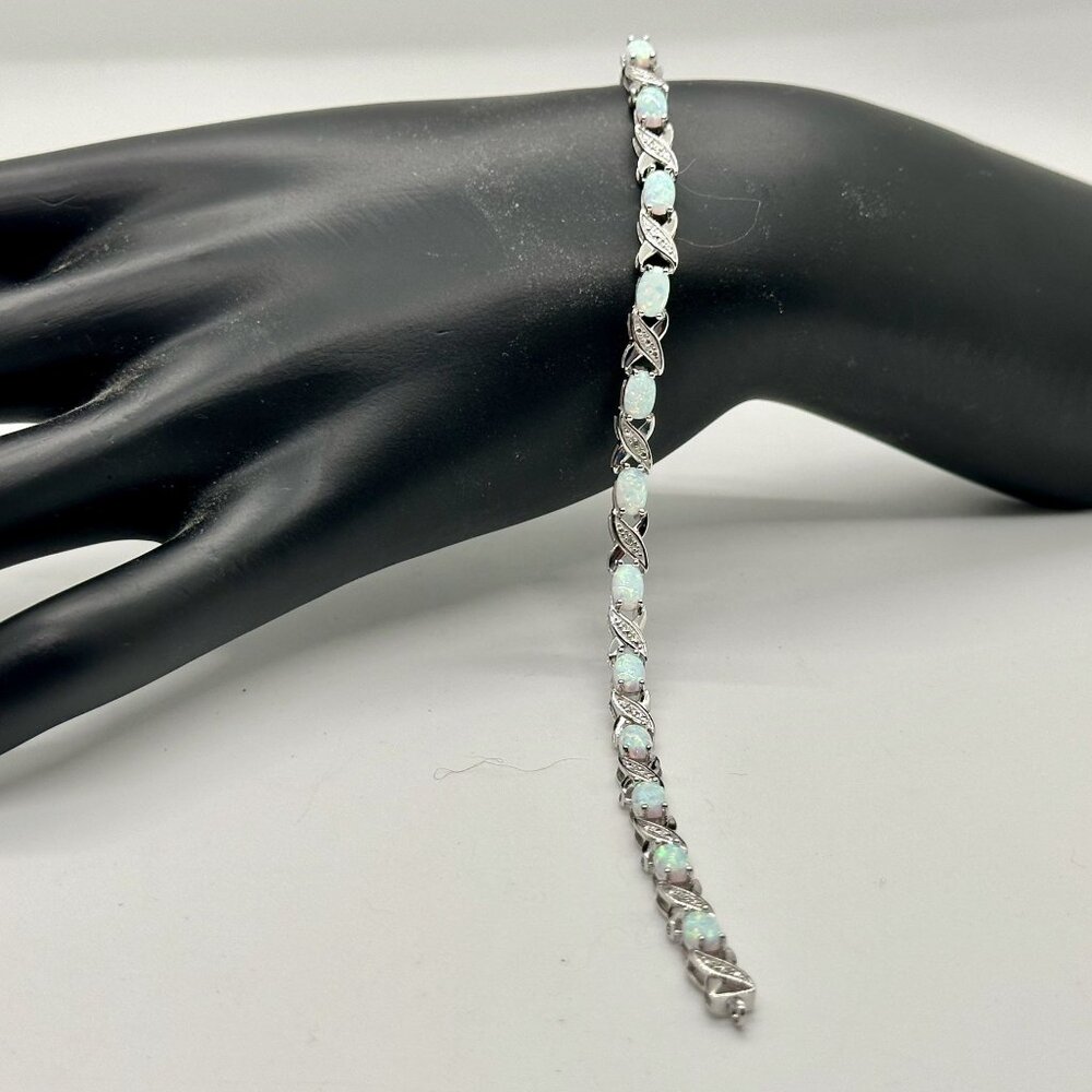 XO Infinity Bracelet Lab Created Opal and Diamond Accent in Sterling Silver Sett - Picture 5 of 7